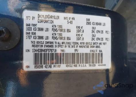 2003 Dodge Durango Sport/Sxt z USA, uszkodzony, nr VIN 1D4HS38N03F576710